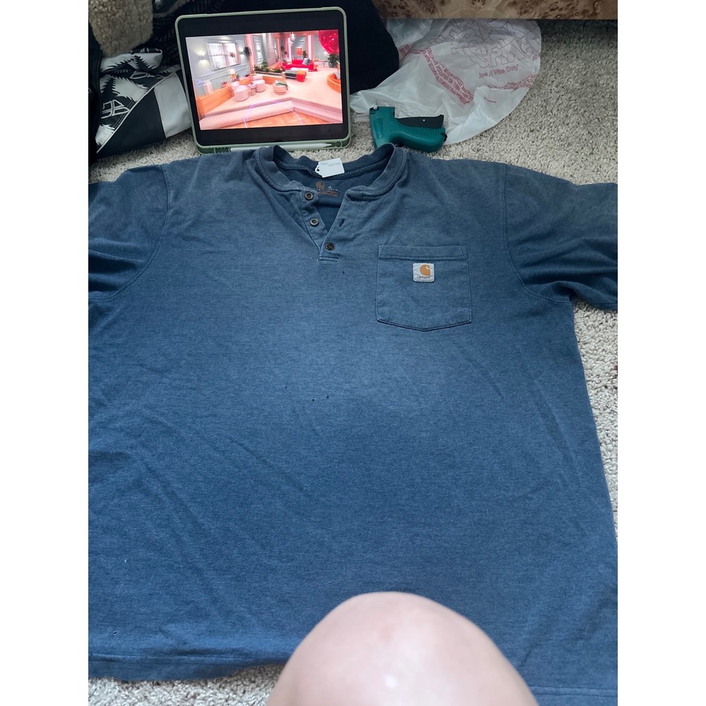 Carhartt Henley Pocket Tee Mens XL Blue Short Sleeve Workwear Shirt